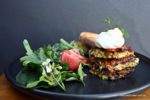 Zucchini and ‘Mr Squeaky’ haloumi fritters, by Cheeses Loves You